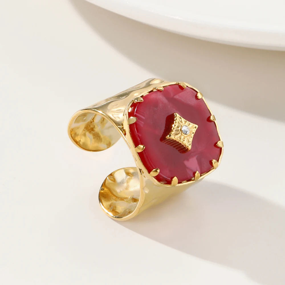 Anel Aço Inoxidável Pedra Acrílica Vermelha